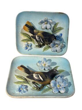 Ceramic Wall Plaque With 3D Oriole Bird & Flowers Blue Background Vintage Japan